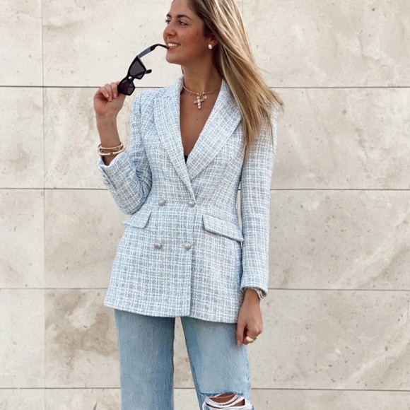 Zara tweed blazer light blue size S bloggers favorite - Picture 2 of 3